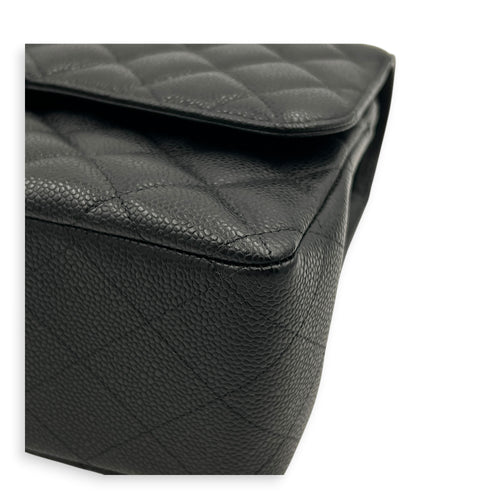 Classic Double Flap Jumbo Black Shoulder Bag in Caviar Leather, Silver hardware