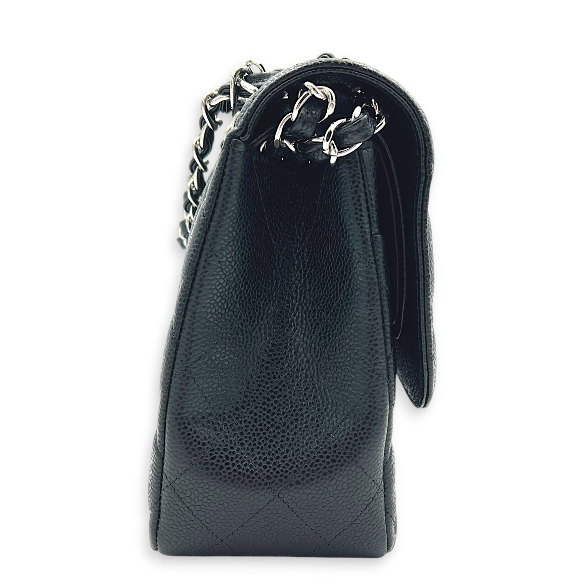 Classic Double Flap Jumbo Black Shoulder Bag in Caviar Leather, Silver hardware