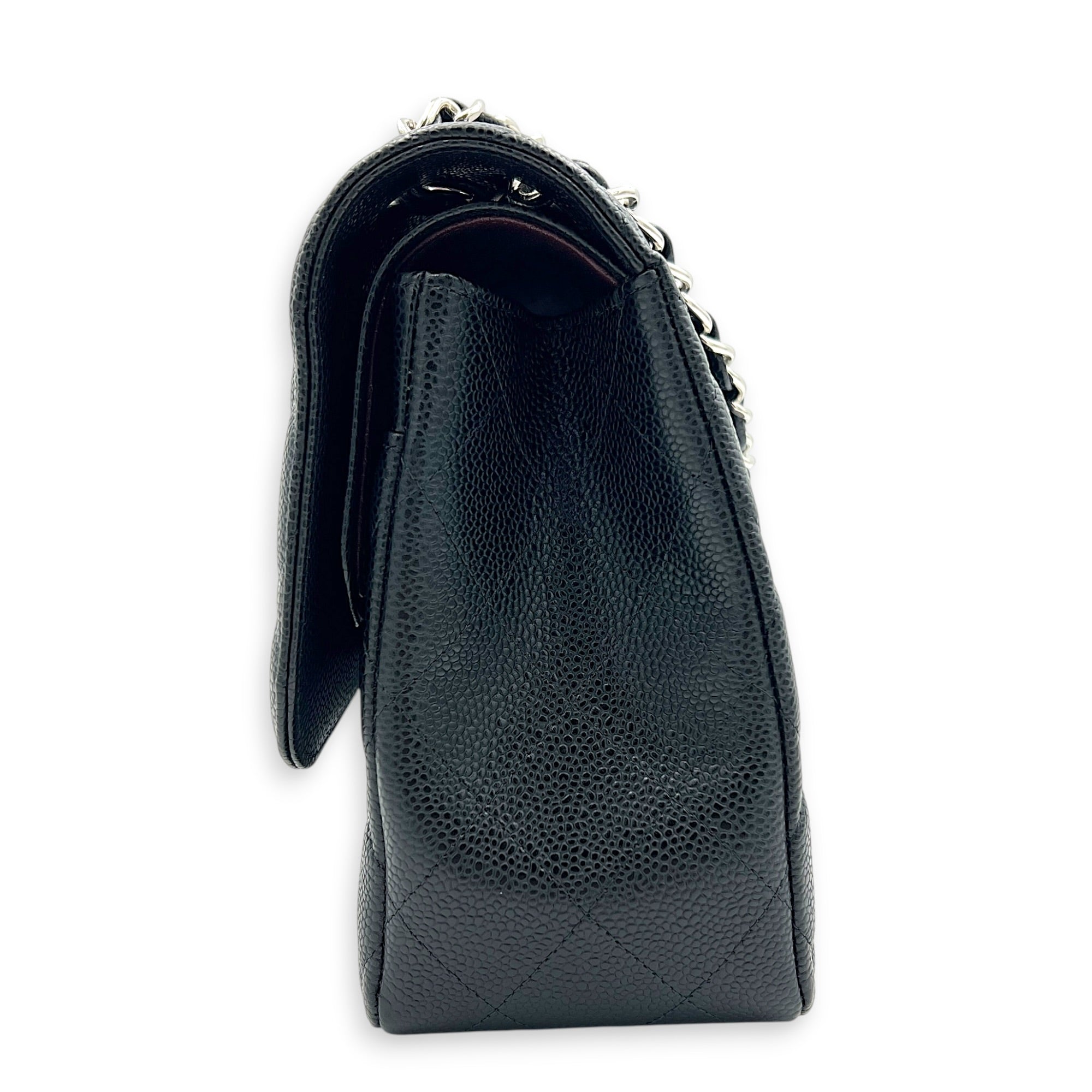 Classic Double Flap Jumbo Black Shoulder Bag in Caviar Leather, Silver hardware