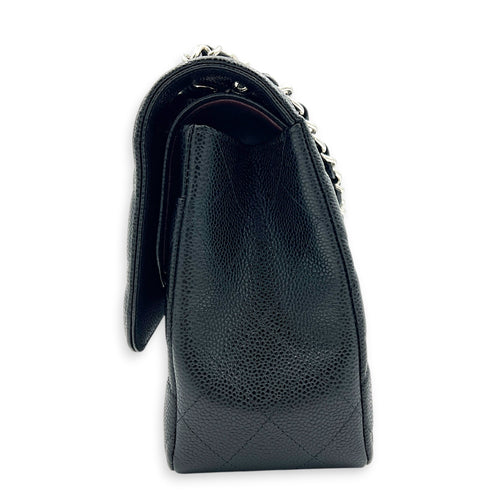 Classic Double Flap Jumbo Black Shoulder Bag in Caviar Leather, Silver hardware