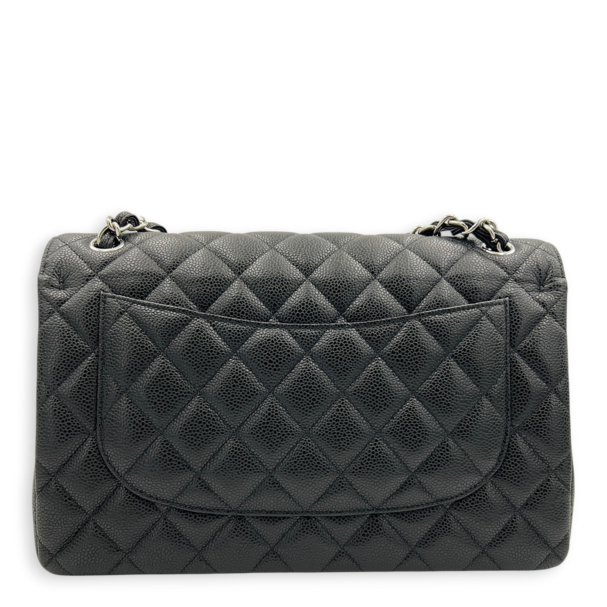 Classic Double Flap Jumbo Black Shoulder Bag in Caviar Leather, Silver hardware