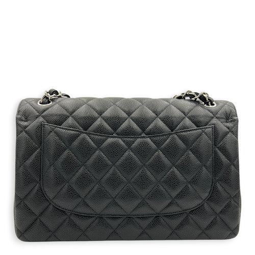 Classic Double Flap Jumbo Black Shoulder Bag in Caviar Leather, Silver hardware