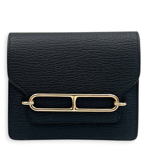 Roulis Slim Compact Noir Wallet in Chevre Mysore, Gold hardware