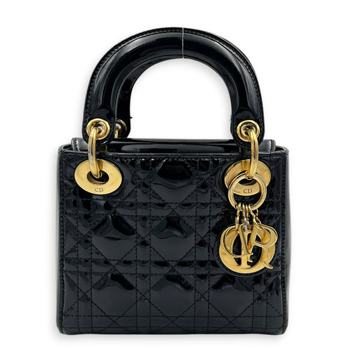 Lady Dior Top Handle Bag Mini Black in Patent Leather, Gold hardware