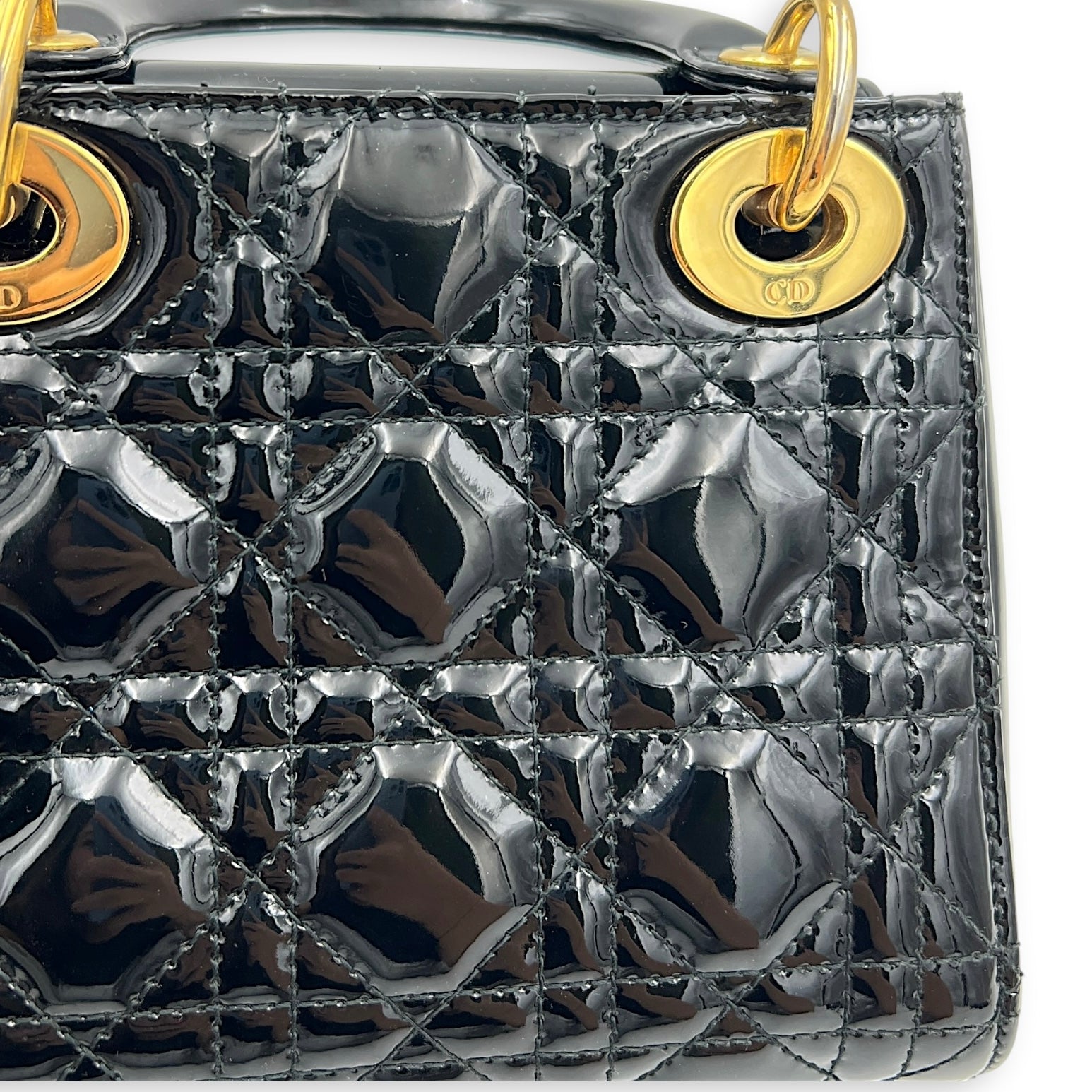 Lady Dior Top Handle Bag Mini Black in Patent Leather, Gold hardware