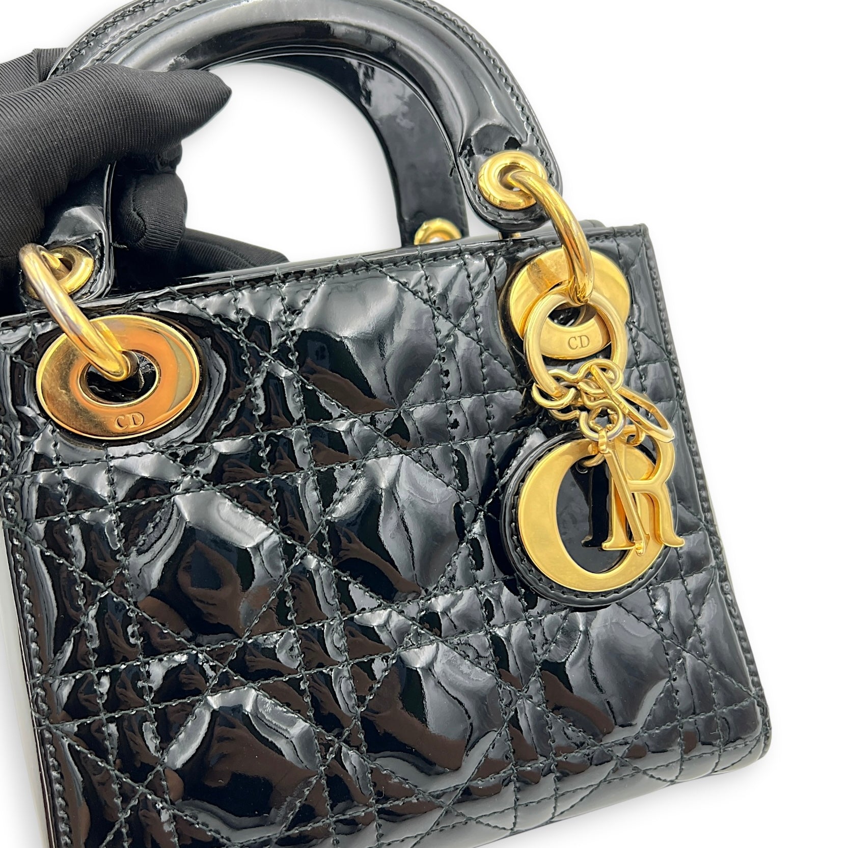 Lady Dior Top Handle Bag Mini Black in Patent Leather, Gold hardware