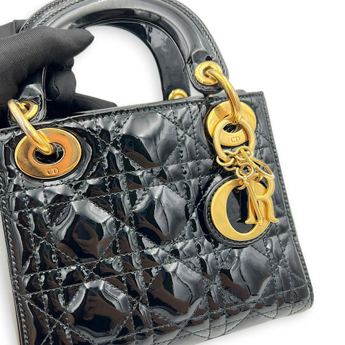 Lady Dior Top Handle Bag Mini Black in Patent Leather, Gold hardware