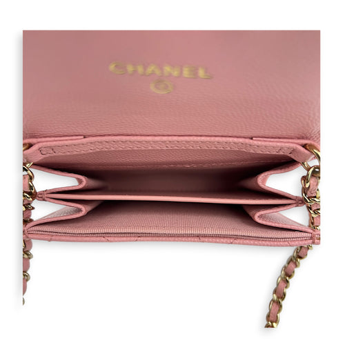 CC Pink Wallet On Chain in Caviar Leather, Gold hardware