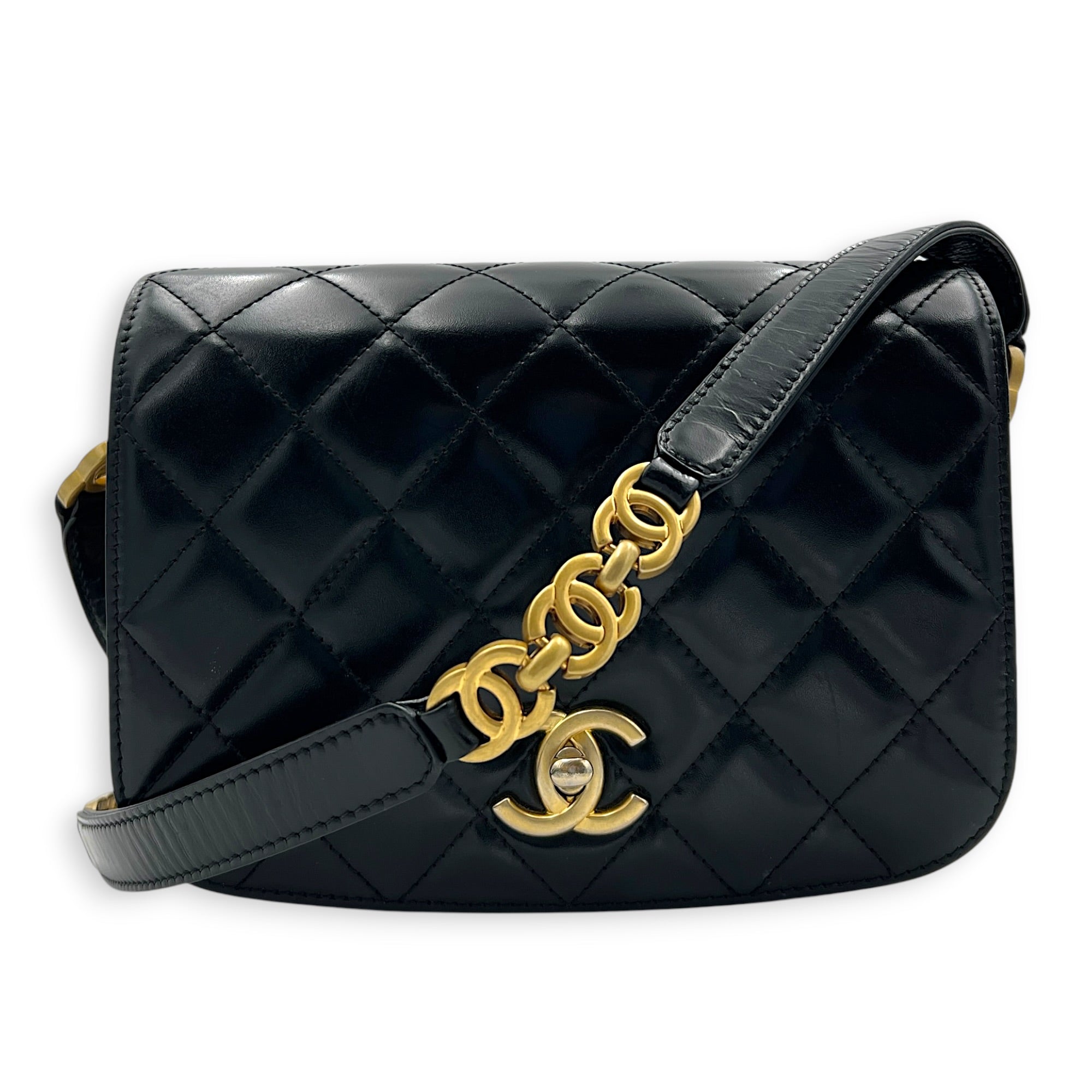 CC Black Messenger in Calfskin, Gold hardware