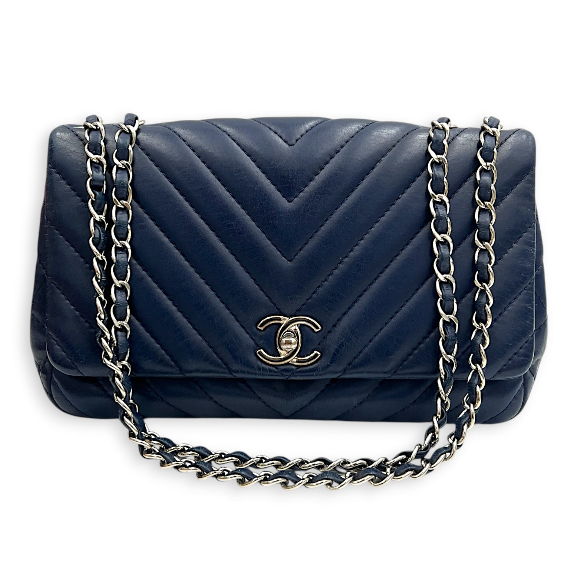 CC Chevron Shoulder Bag Navy Blue in Calfskin, Silver hardware