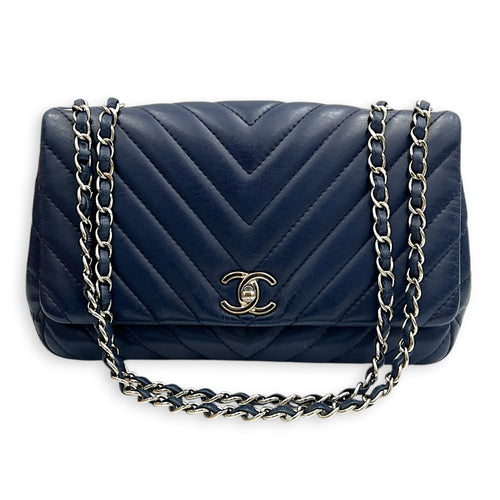 CC Chevron Shoulder Bag Navy Blue in Calfskin, Silver hardware
