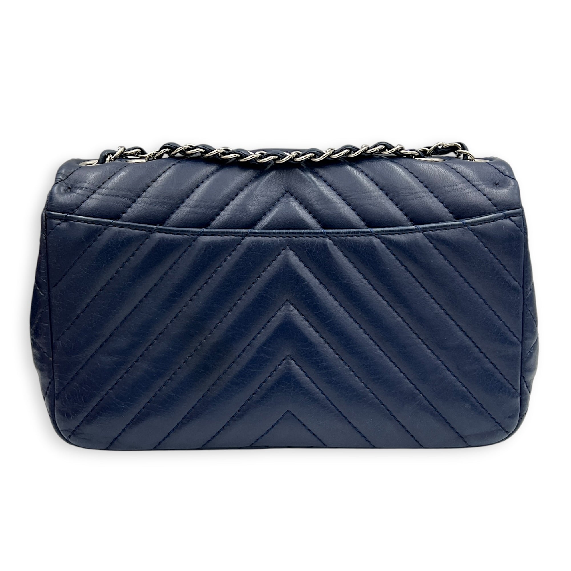 CC Chevron Shoulder Bag Navy Blue in Calfskin, Silver hardware