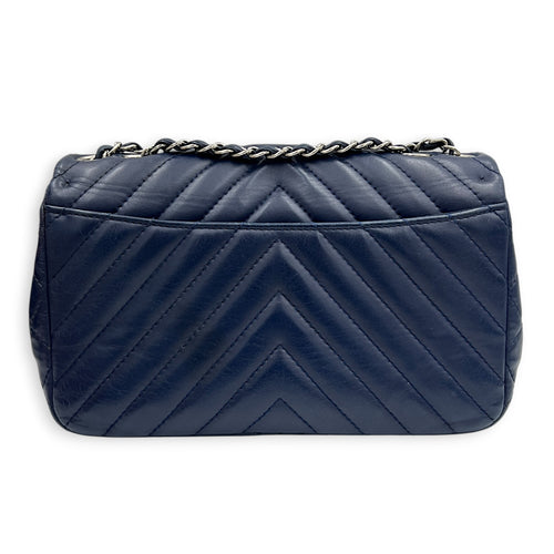 CC Chevron Shoulder Bag Navy Blue in Calfskin, Silver hardware