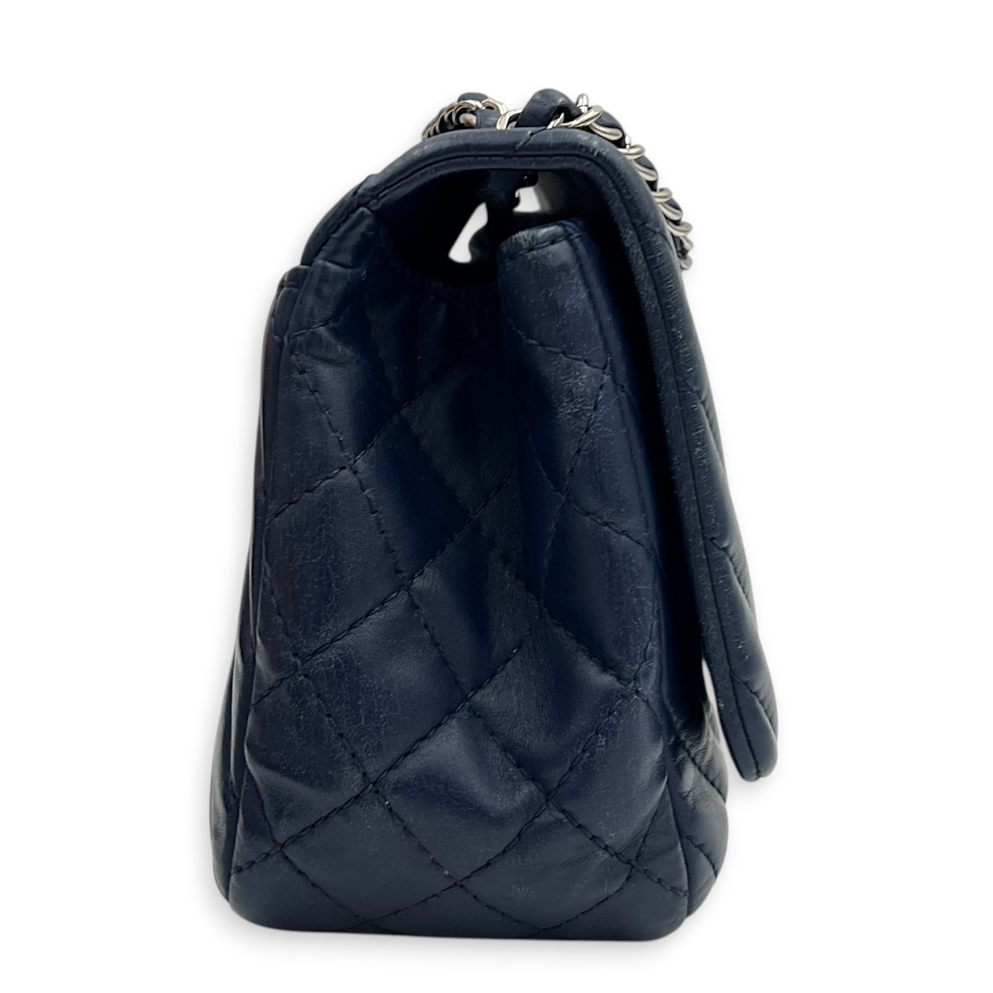 CC Chevron Shoulder Bag Navy Blue in Calfskin, Silver hardware