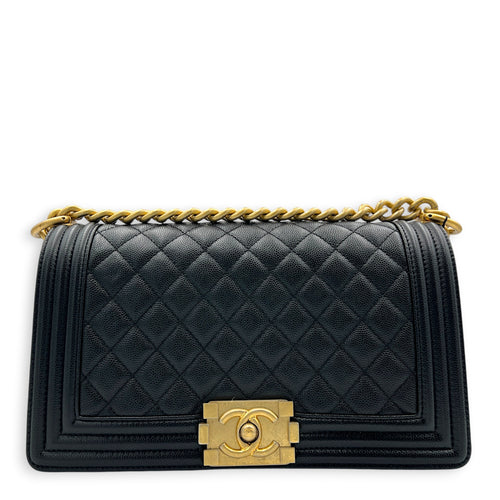 Boy Shoulder Bag Medium Black in Caviar Leather, Brushed Gold hardware