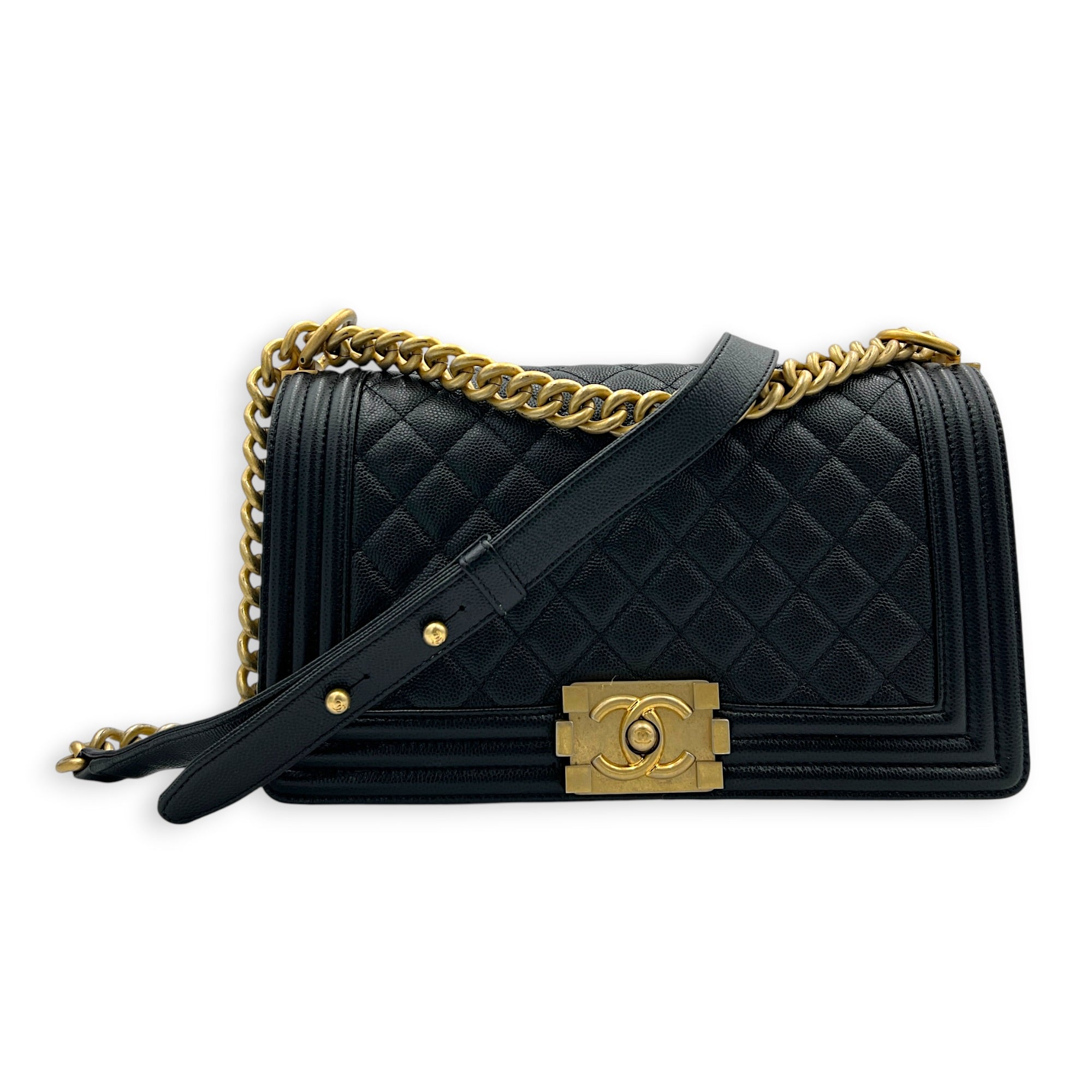 Boy Shoulder Bag Medium Black in Caviar Leather, Brushed Gold hardware