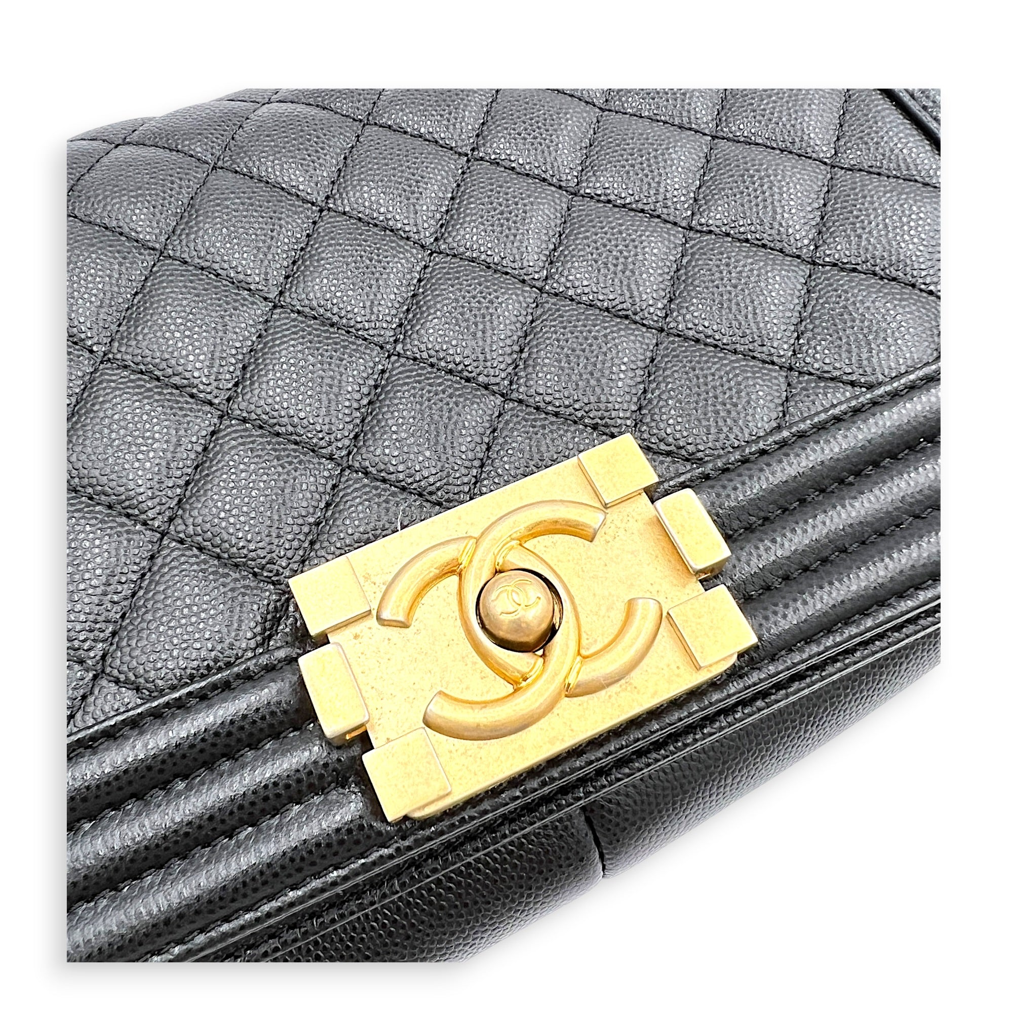 Boy Shoulder Bag Medium Black in Caviar Leather, Brushed Gold hardware