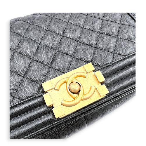 Boy Shoulder Bag Medium Black in Caviar Leather, Brushed Gold hardware
