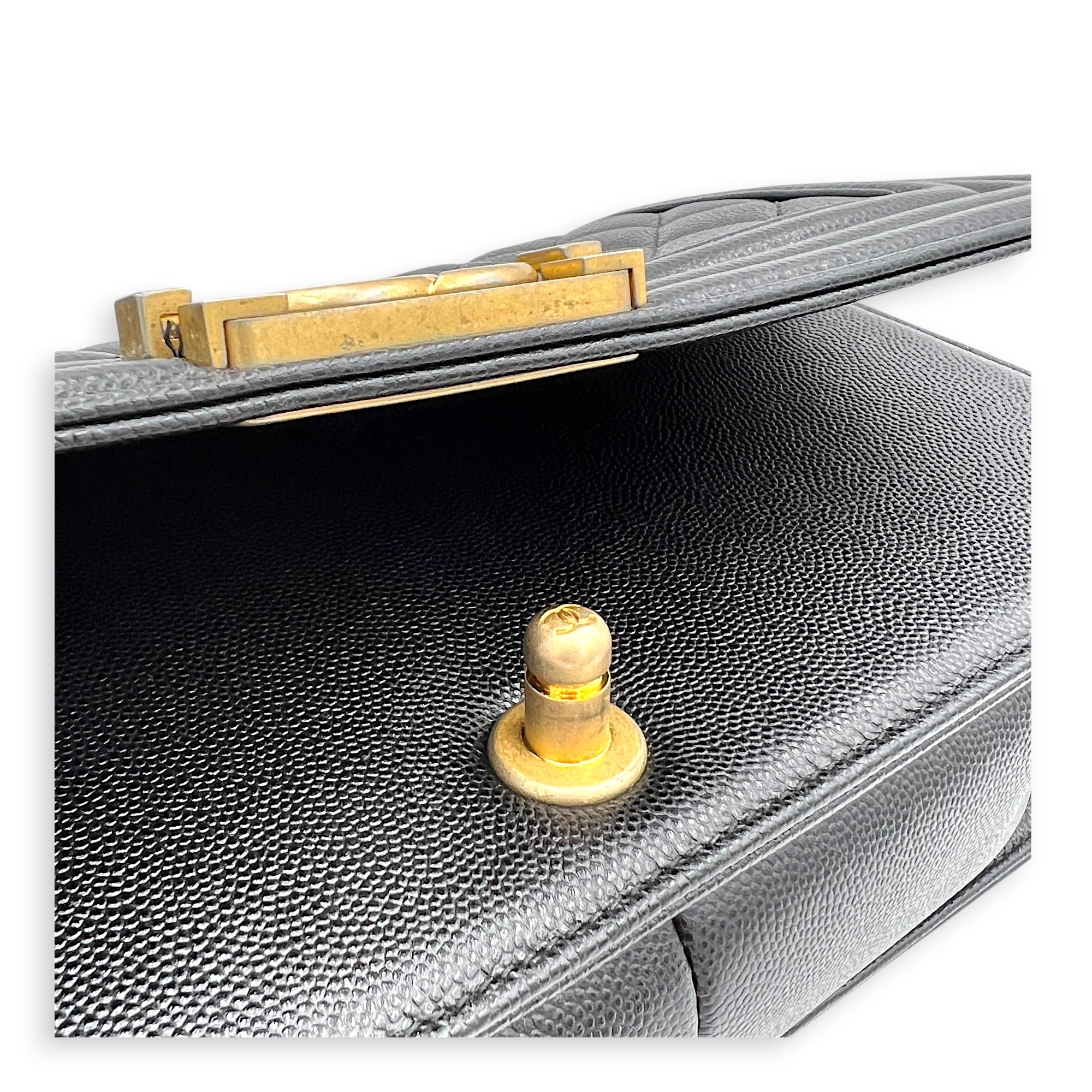 Boy Shoulder Bag Medium Black in Caviar Leather, Brushed Gold hardware