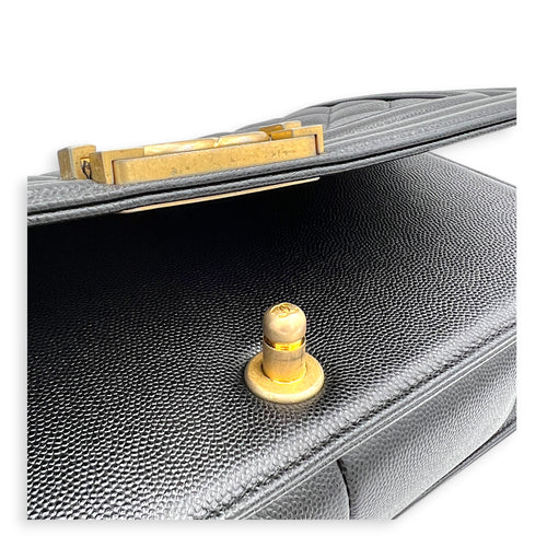 Boy Shoulder Bag Medium Black in Caviar Leather, Brushed Gold hardware