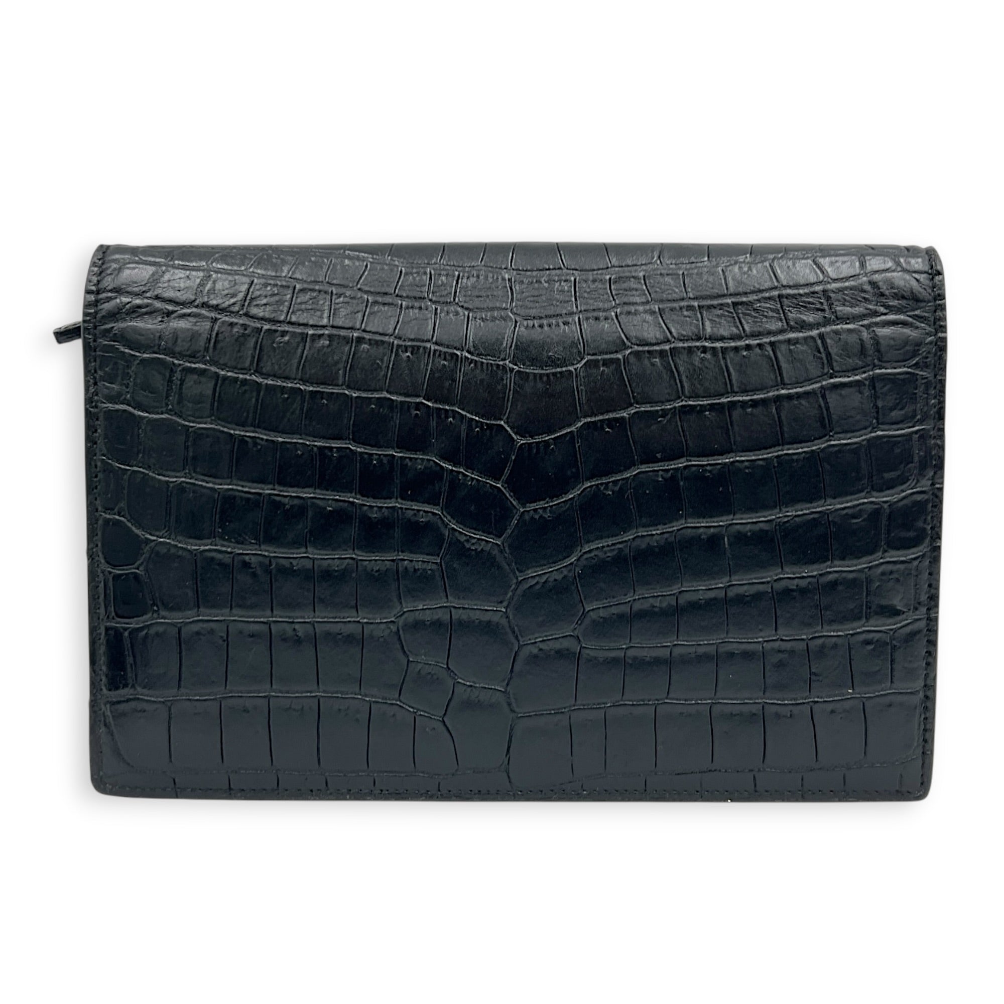 Kate Tassle Wallet On Chain Noir in Crocodile Embossed Calfskin, Silver hardware