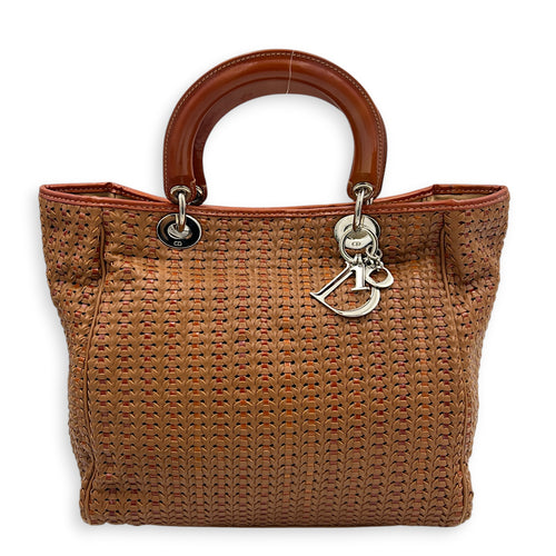Soft Lady Dior Large Brown Woven Leather Top Handle Bag in Calfskin, Silver hardware
