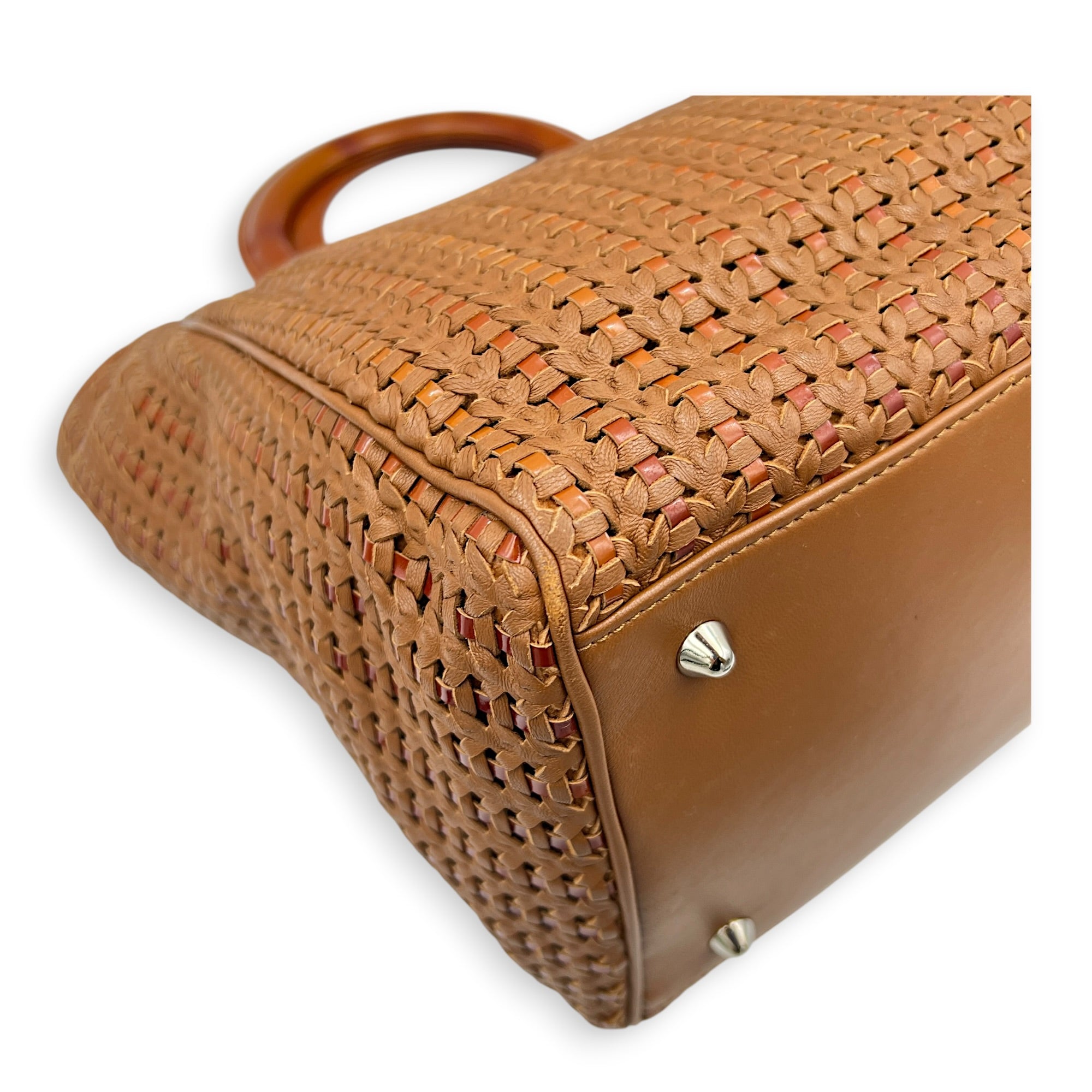Soft Lady Dior Large Brown Woven Leather Top Handle Bag in Calfskin, Silver hardware
