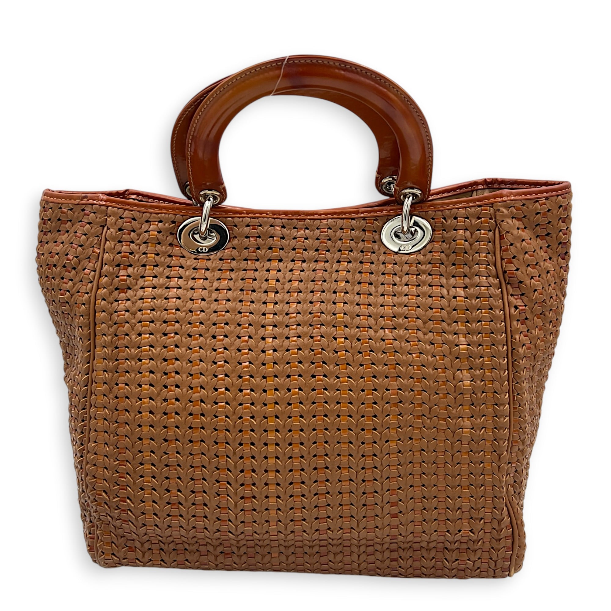 Soft Lady Dior Large Brown Woven Leather Top Handle Bag in Calfskin, Silver hardware