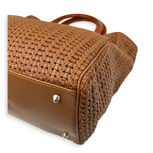 Soft Lady Dior Large Brown Woven Leather Top Handle Bag in Calfskin, Silver hardware
