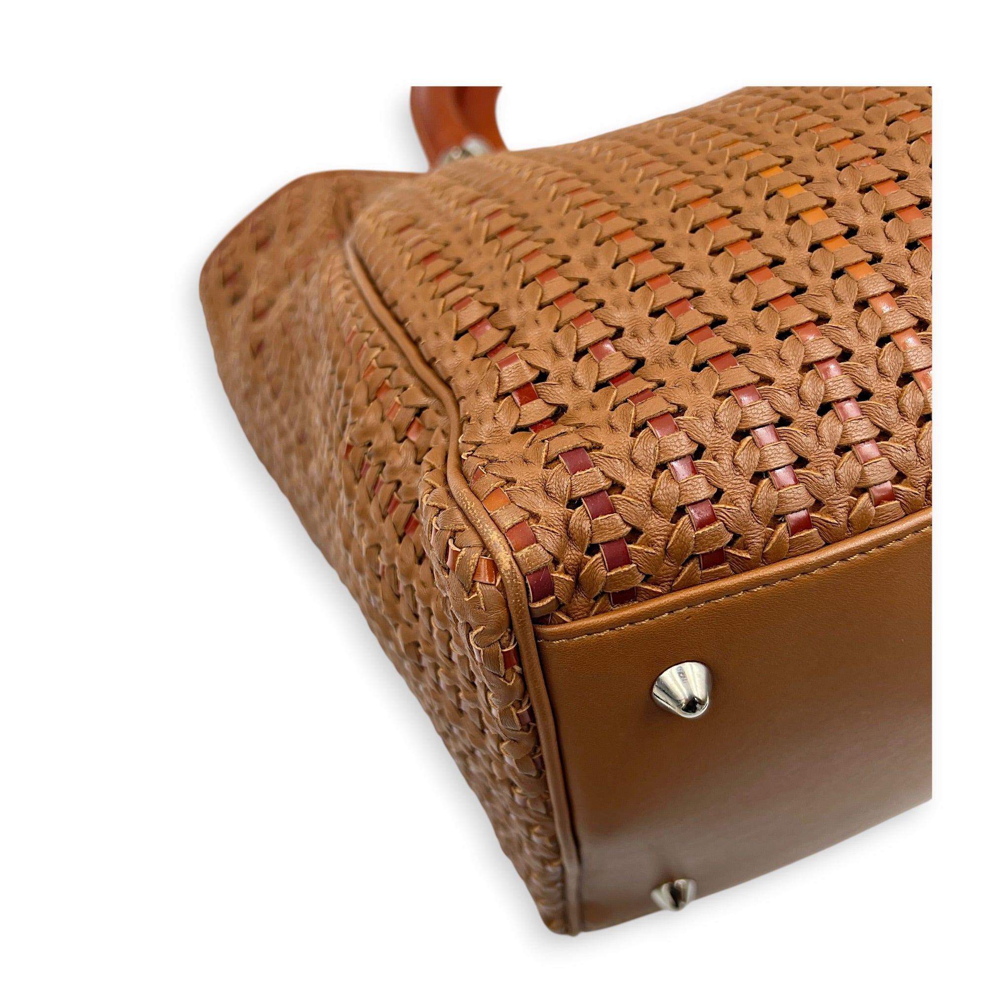 Soft Lady Dior Large Brown Woven Leather Top Handle Bag in Calfskin, Silver hardware