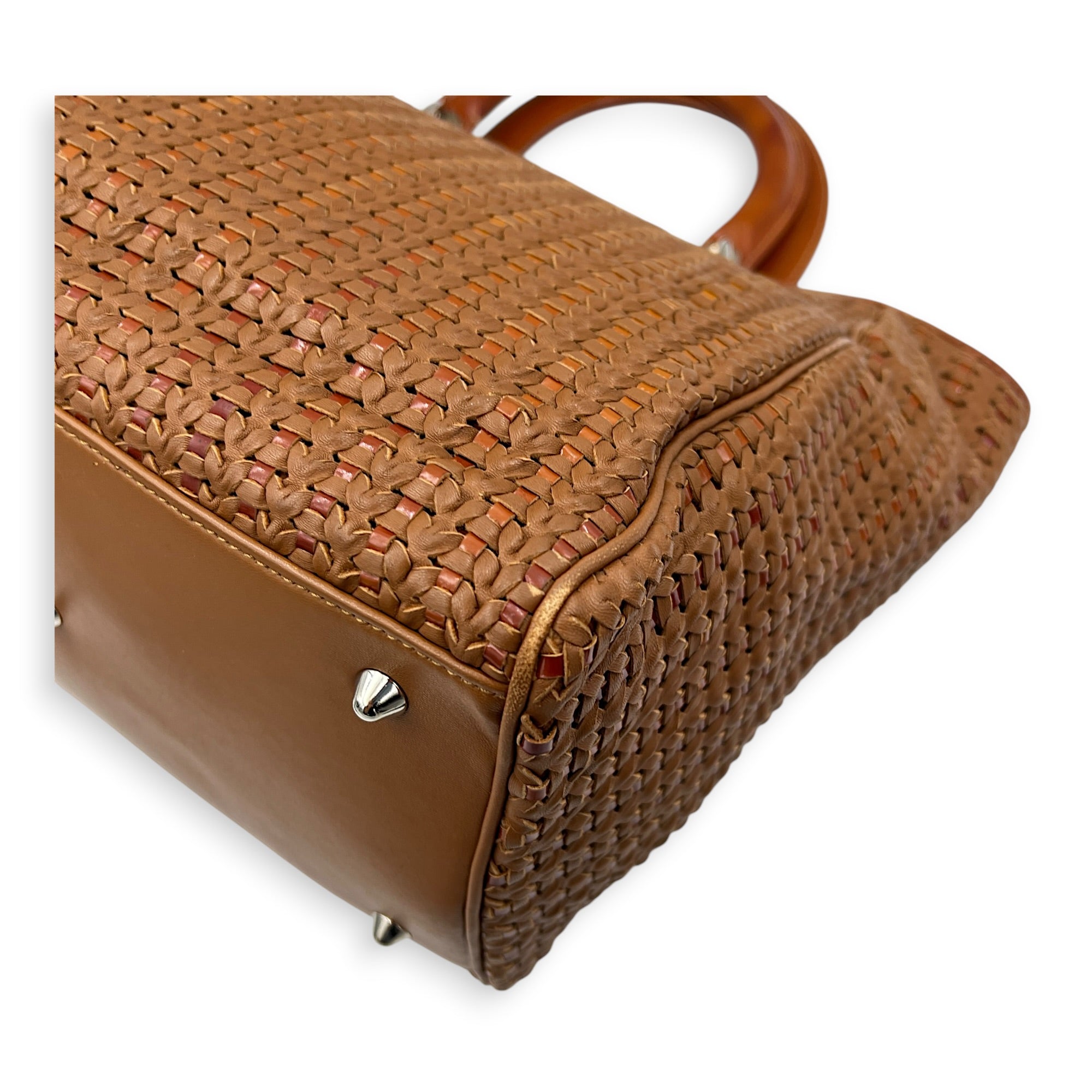 Soft Lady Dior Large Brown Woven Leather Top Handle Bag in Calfskin, Silver hardware