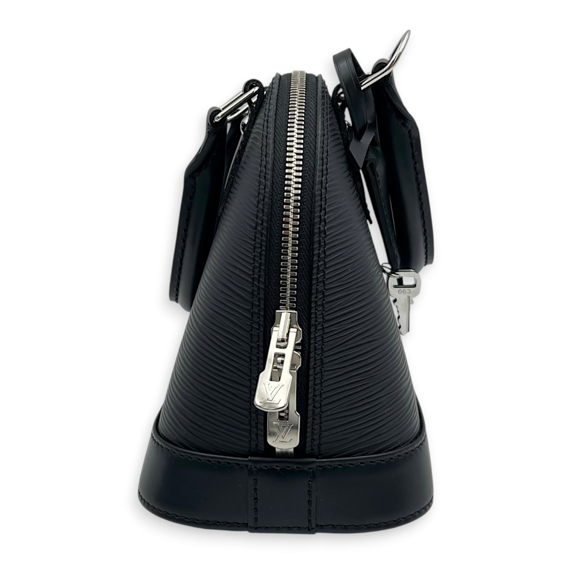 Alma BB Black Top Handle Bag in Epi Leather, Silver hardware