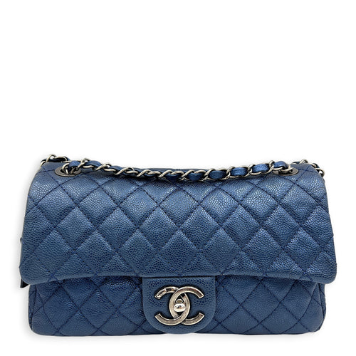 Easy Flap Blue Shoulder Bag in Caviar Leather, Ruthenium hardware