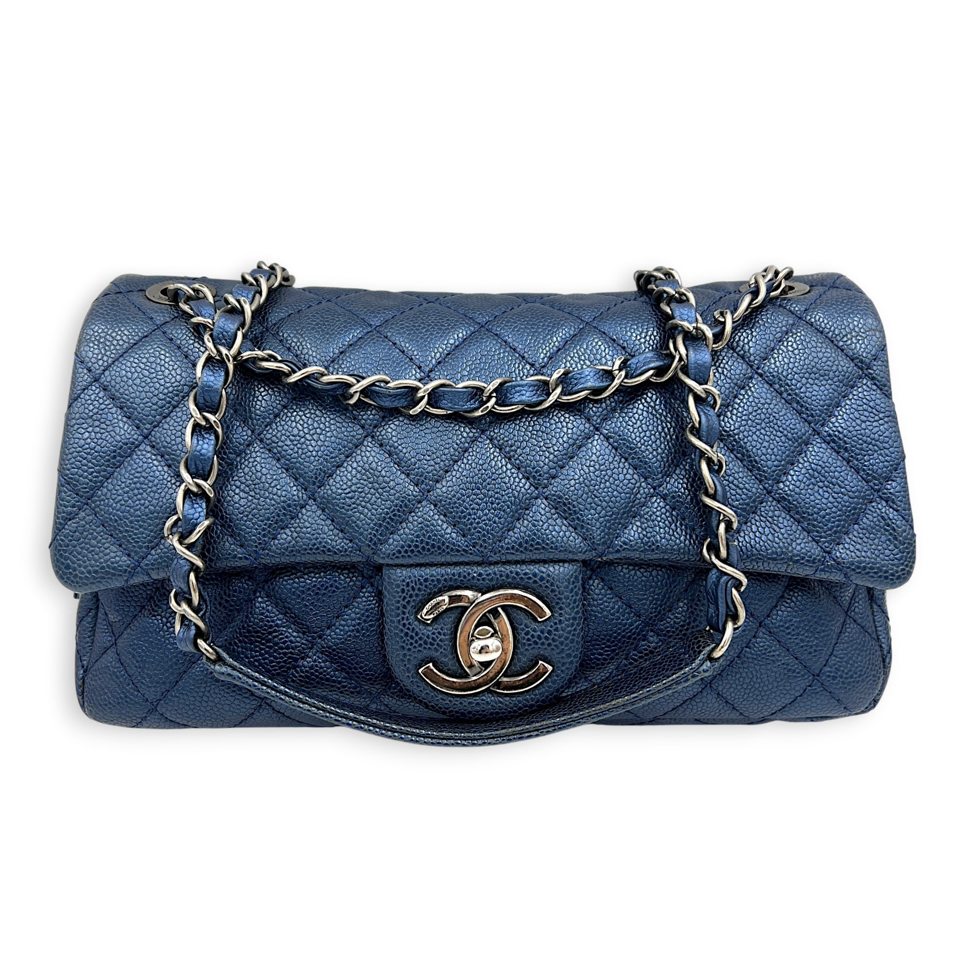 Easy Flap Blue Shoulder Bag in Caviar Leather, Ruthenium hardware