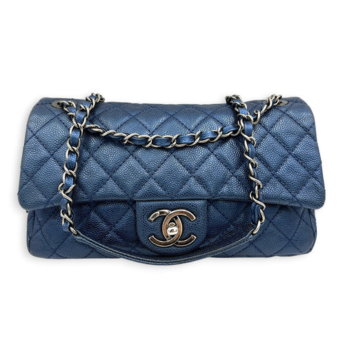 Easy Flap Blue Shoulder Bag in Caviar Leather, Ruthenium hardware
