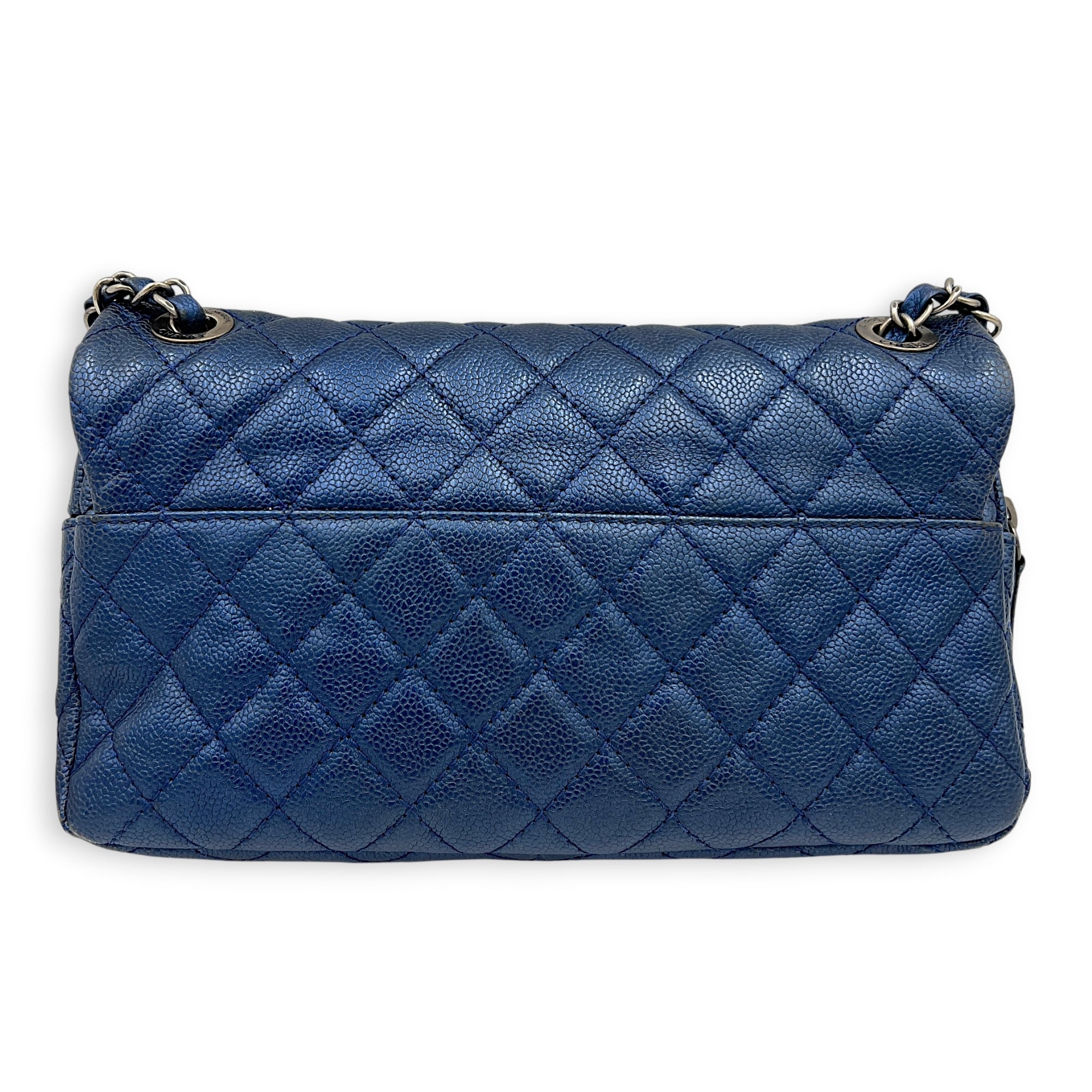 Easy Flap Blue Shoulder Bag in Caviar Leather, Ruthenium hardware