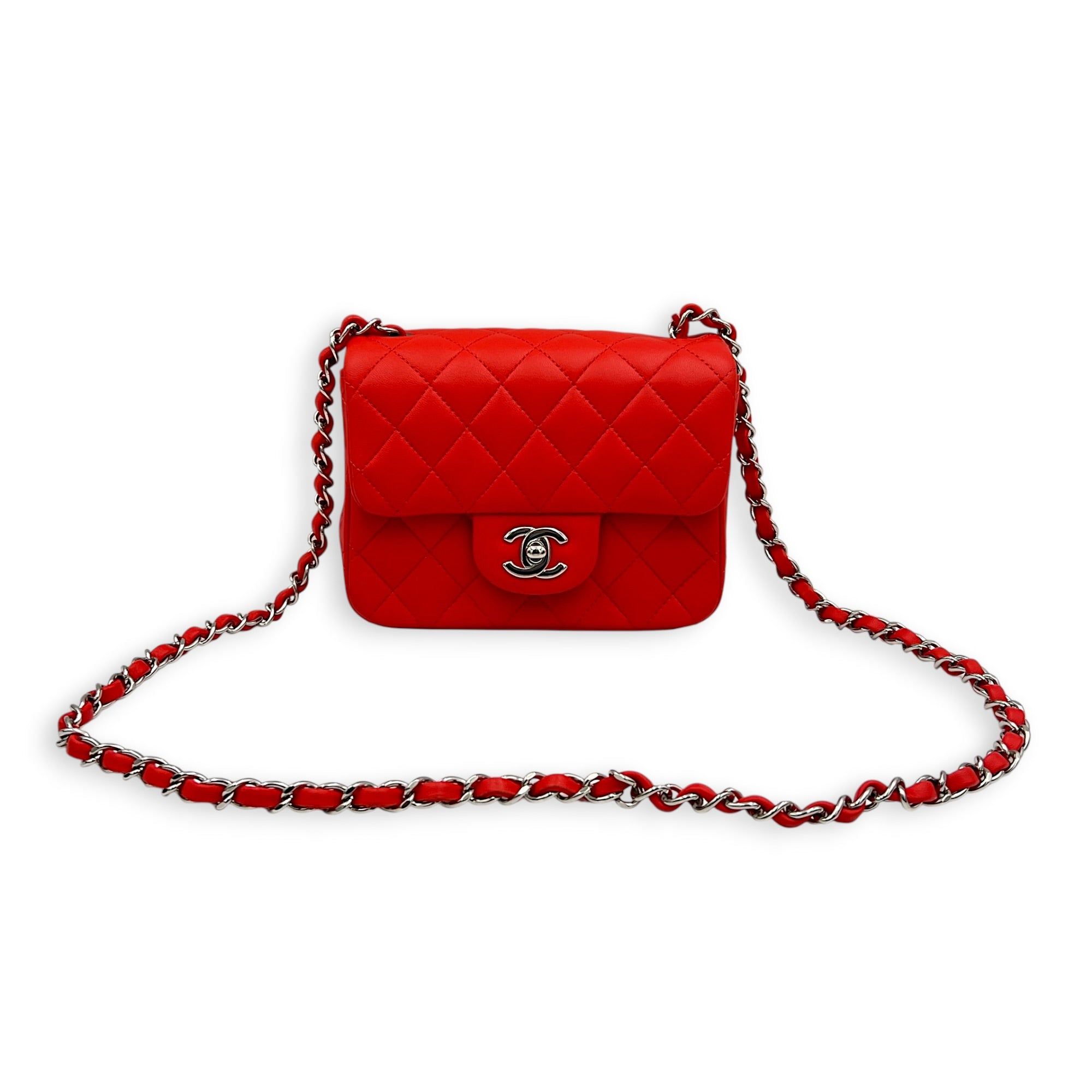 Rectangle Flap Shoulder Bag Mini Red in Lambskin, Silver hardware
