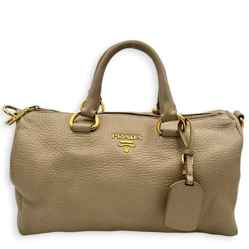 Logo Top Handle Bag Beige in Calfskin, Gold hardware