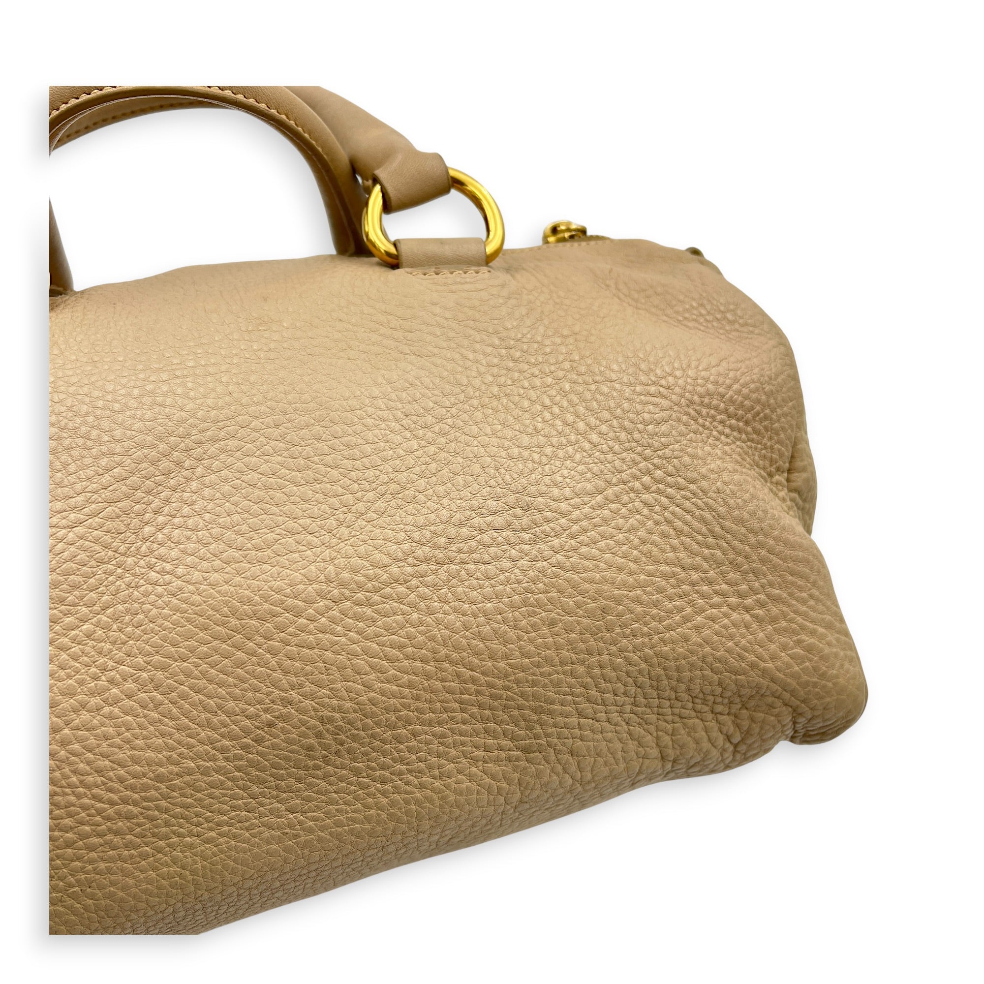Logo Top Handle Bag Beige in Calfskin, Gold hardware