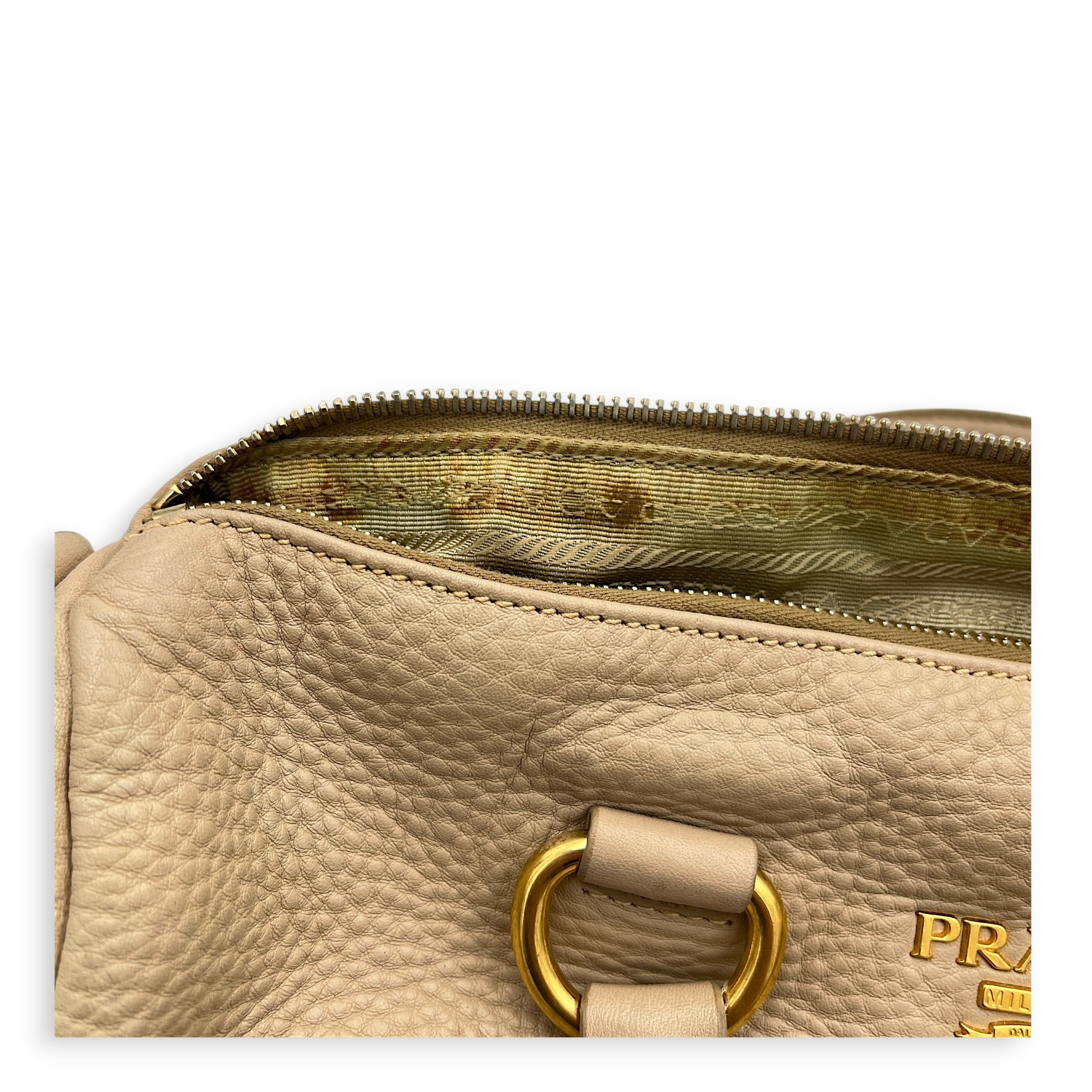 Logo Top Handle Bag Beige in Calfskin, Gold hardware