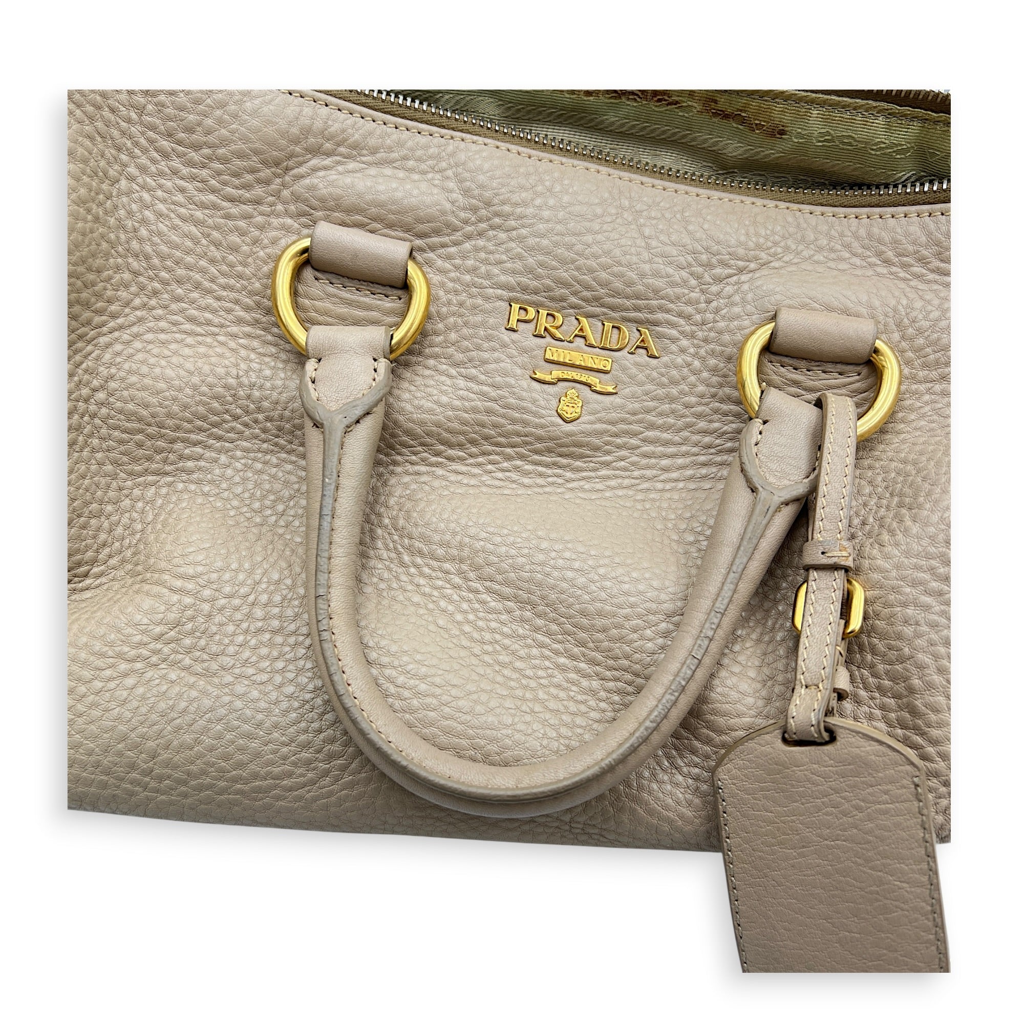 Logo Top Handle Bag Beige in Calfskin, Gold hardware