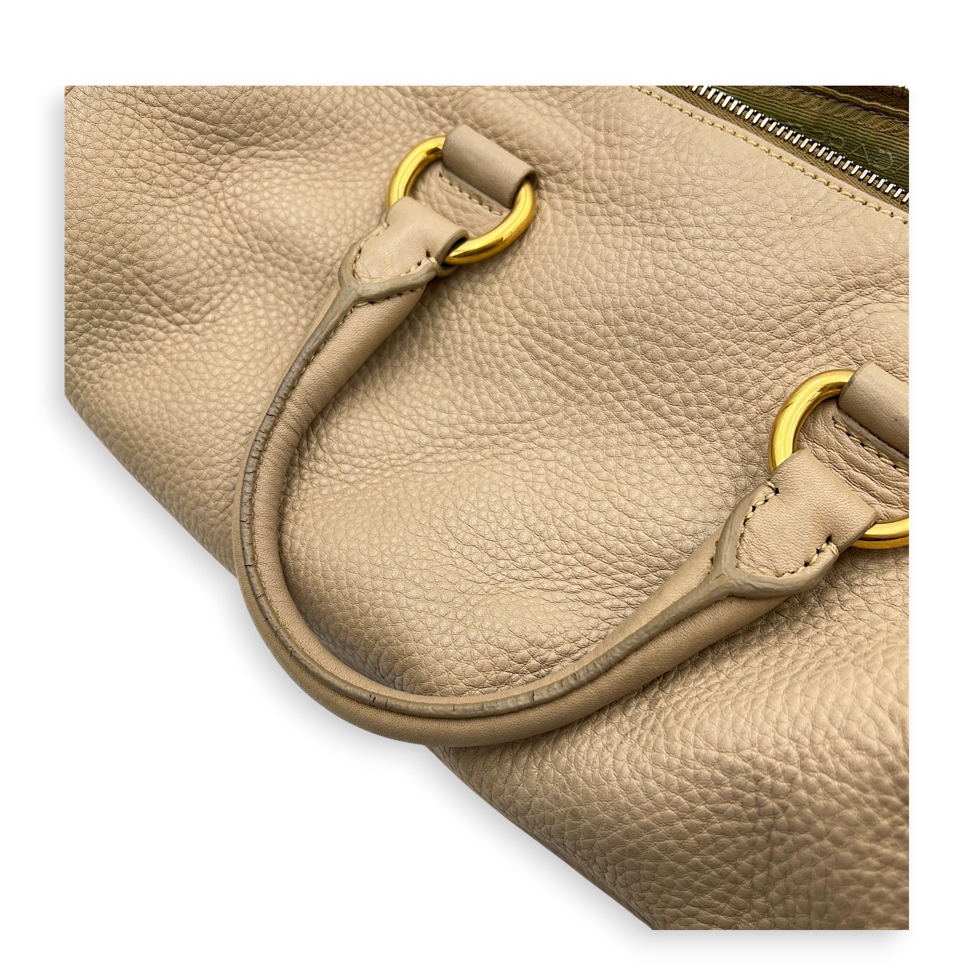 Logo Top Handle Bag Beige in Calfskin, Gold hardware