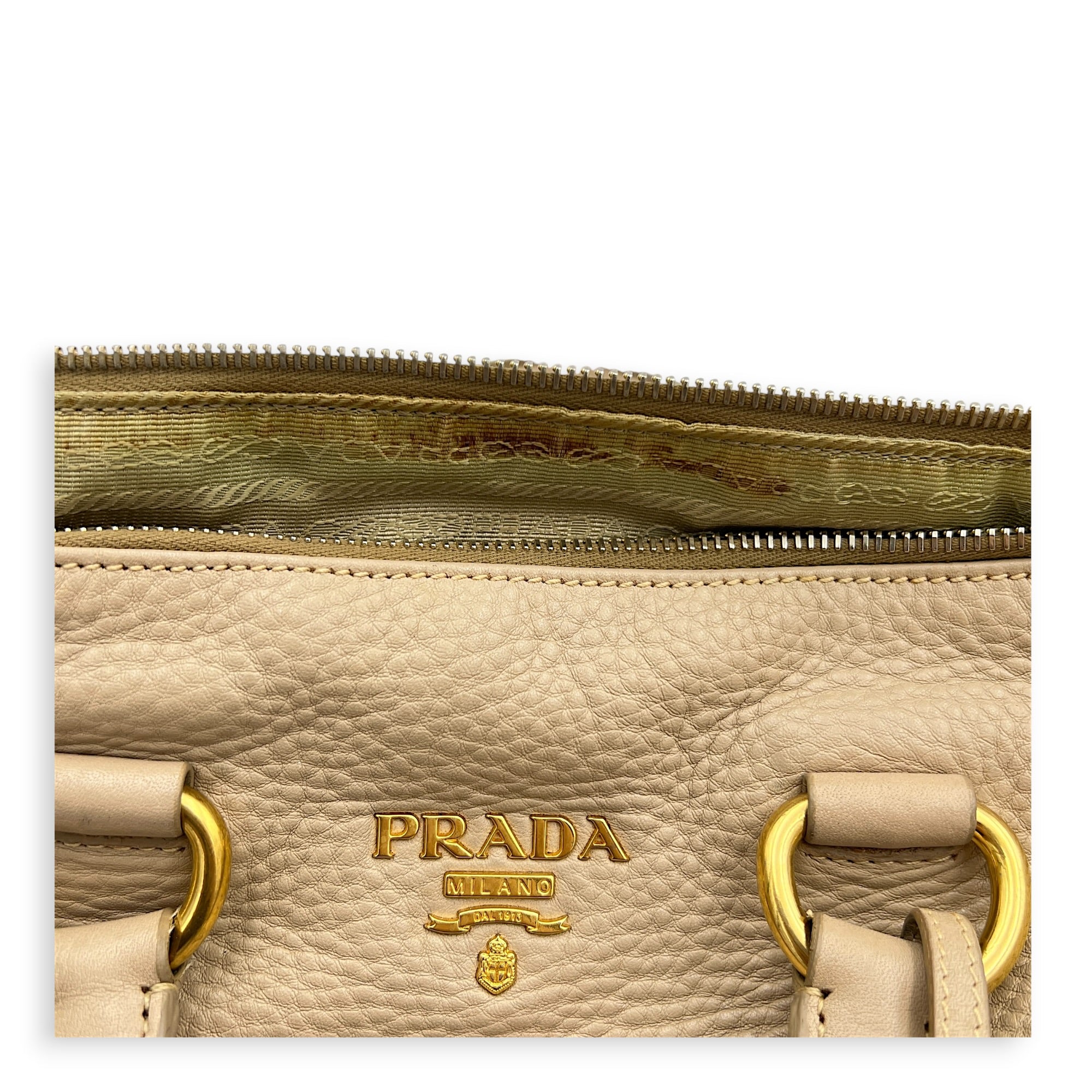Logo Top Handle Bag Beige in Calfskin, Gold hardware