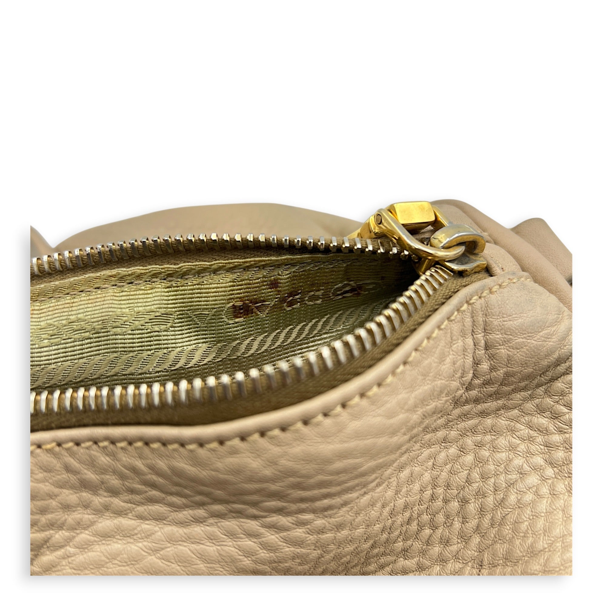 Logo Top Handle Bag Beige in Calfskin, Gold hardware