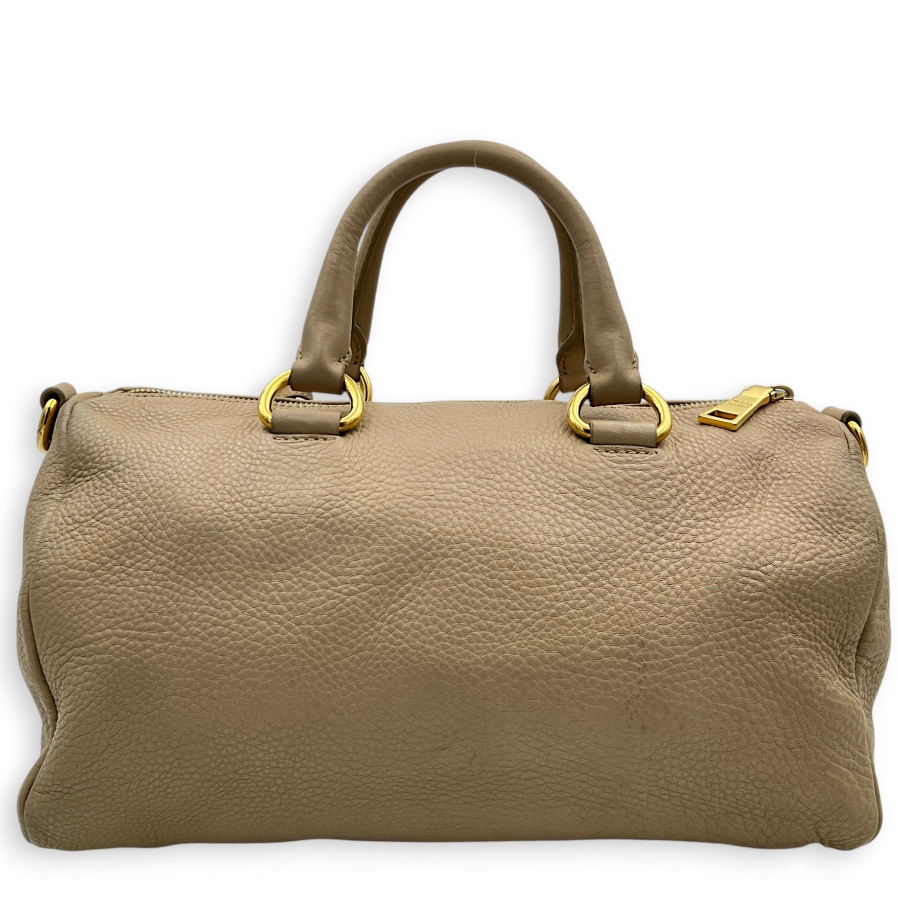 Logo Top Handle Bag Beige in Calfskin, Gold hardware