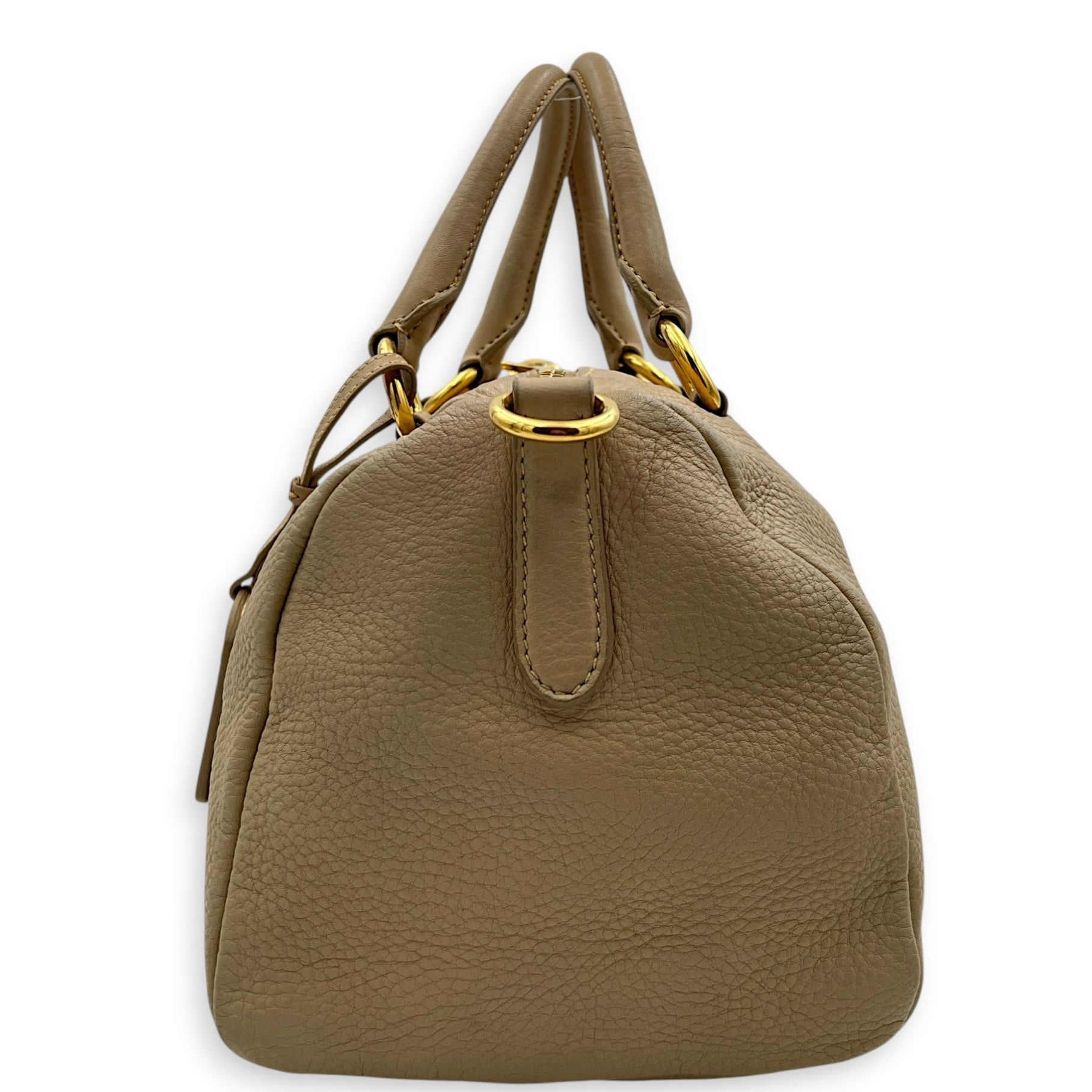 Logo Top Handle Bag Beige in Calfskin, Gold hardware
