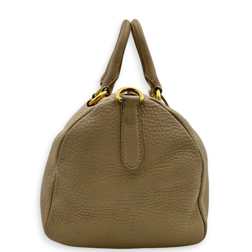 Logo Top Handle Bag Beige in Calfskin, Gold hardware