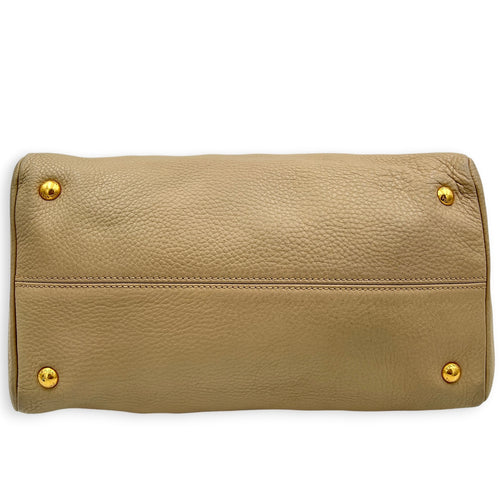 Logo Top Handle Bag Beige in Calfskin, Gold hardware