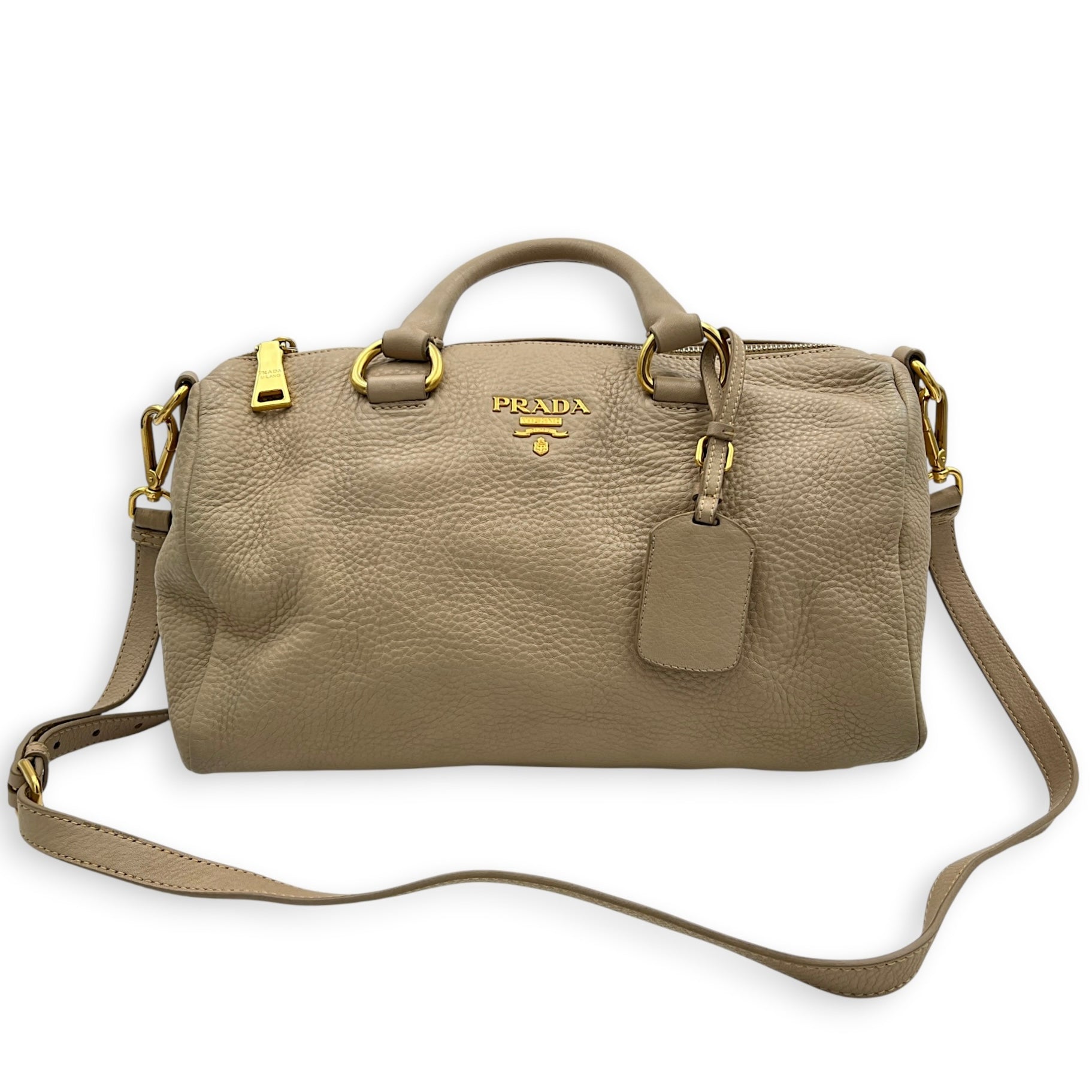Logo Top Handle Bag Beige in Calfskin, Gold hardware