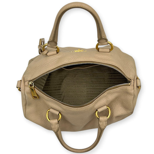 Logo Top Handle Bag Beige in Calfskin, Gold hardware